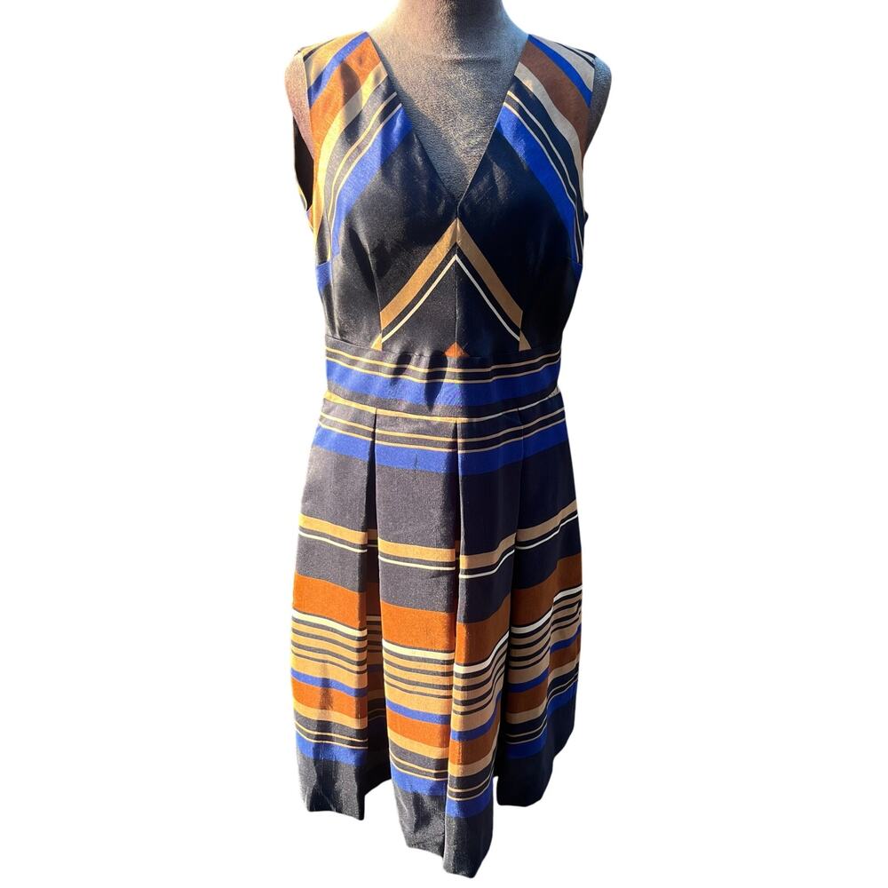 CB Established 1962 Dress Sleeveless Pleats Blue Gold V Neck Pockets Dress S10